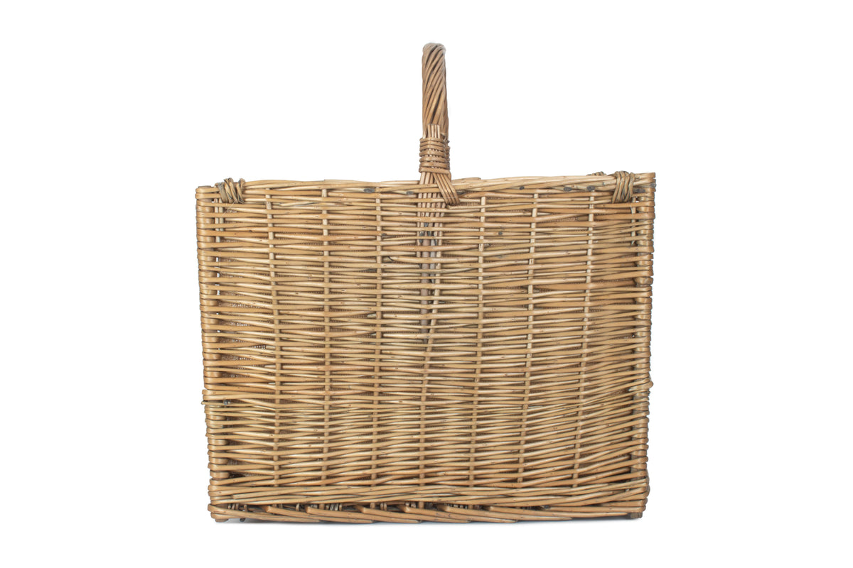 Antique wash willow open end log basket viewed from the rear, showing the traditional willow weave and upright handle