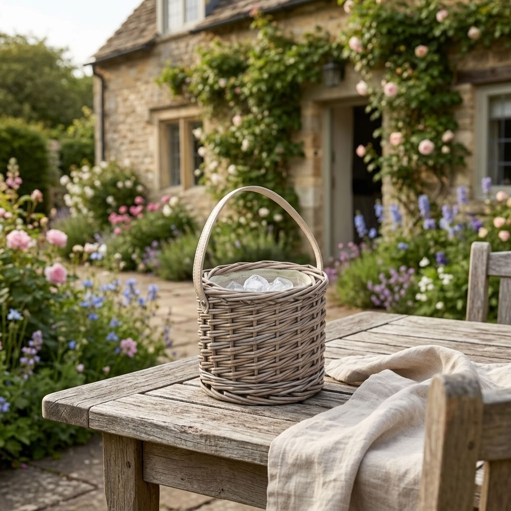 Antique Wash Willow Mini Ice Basket on a weathered wooden garden table outside a traditional stone cottage surrounded by flowers.