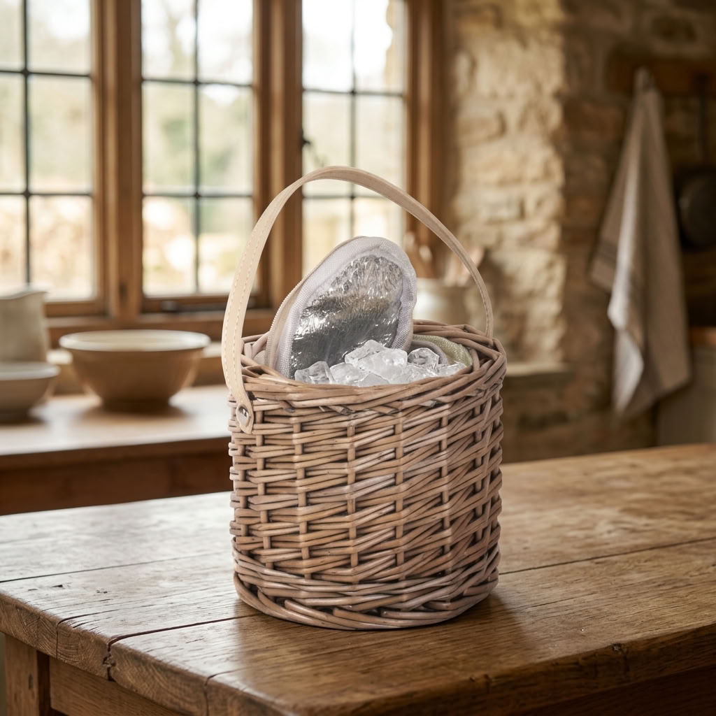 Antique Wash Willow Mini Ice Basket with cream faux leather handle on a rustic oak kitchen table in a traditional country home.