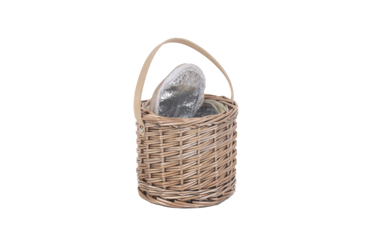 Antique Wash Willow Mini Ice Basket showing its open silver insulated lining and cream faux leather handle