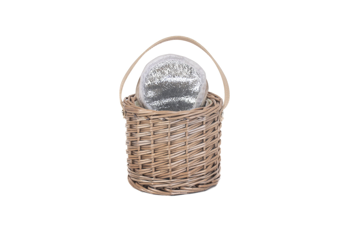 Antique Wash Willow Mini Ice Basket with its zipped insulated compartment raised above the wicker basket rim