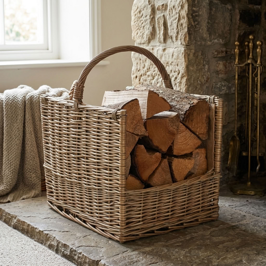 Antique Wash Willow Open End Log Basket filled with firewood beside a traditional country cottage fireplace