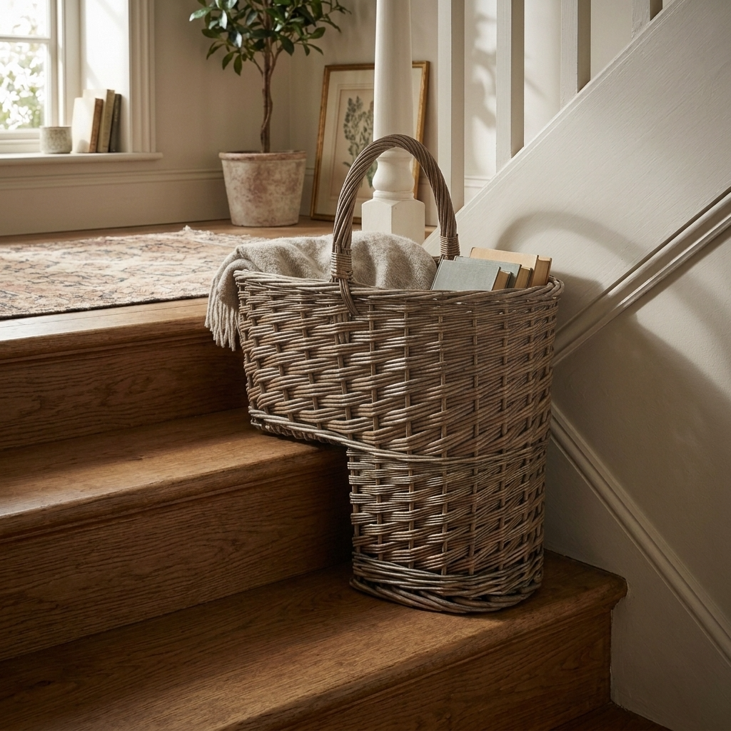 Antique wash willow stair basket with integrated carry handle displayed on a wooden staircase in a country-style home.