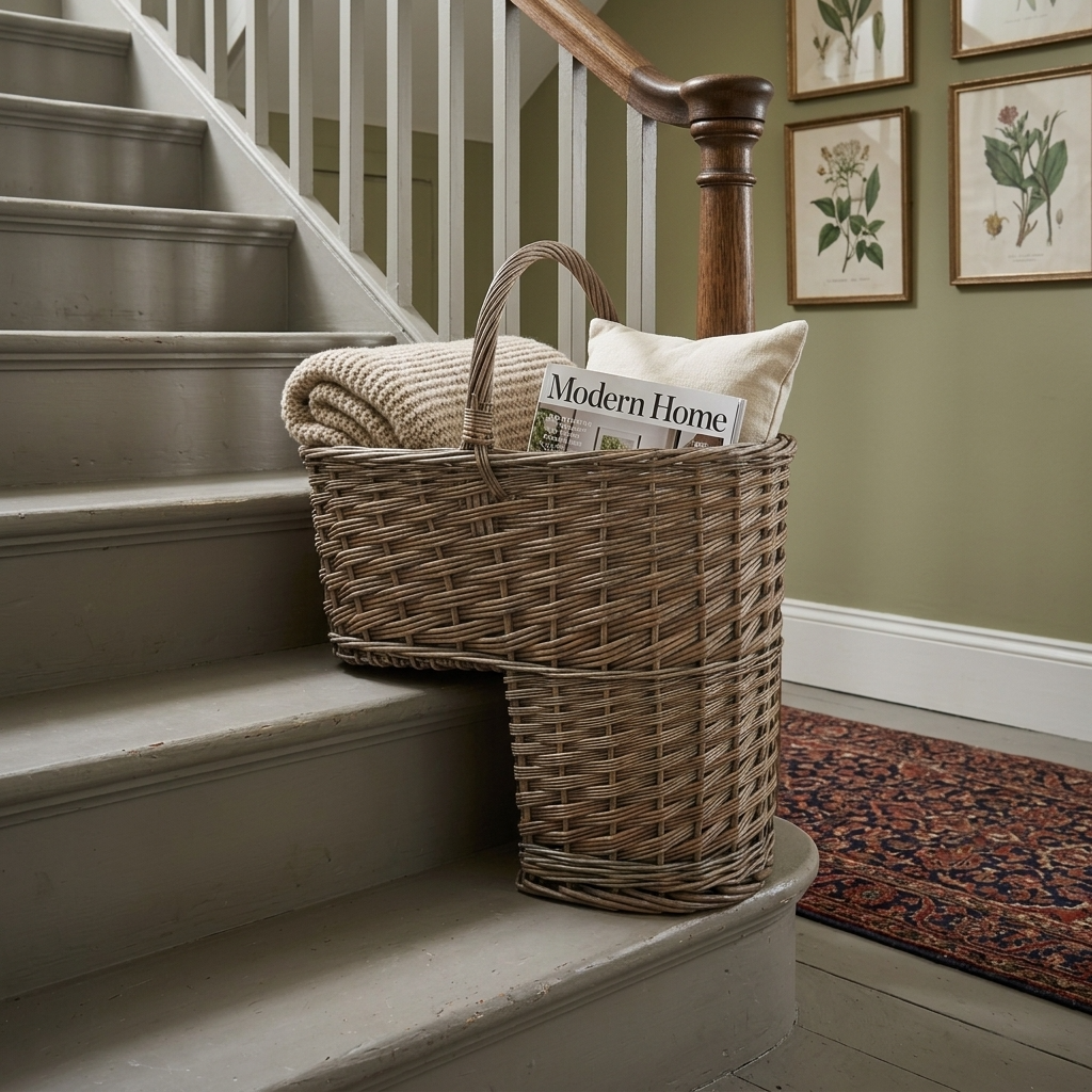 Antique wash willow stair basket styled on a staircase, showing practical hallway storage in a country home.