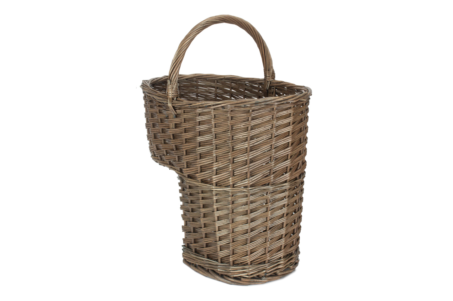 Side profile of the antique wash willow stair basket designed to fit neatly on staircases.