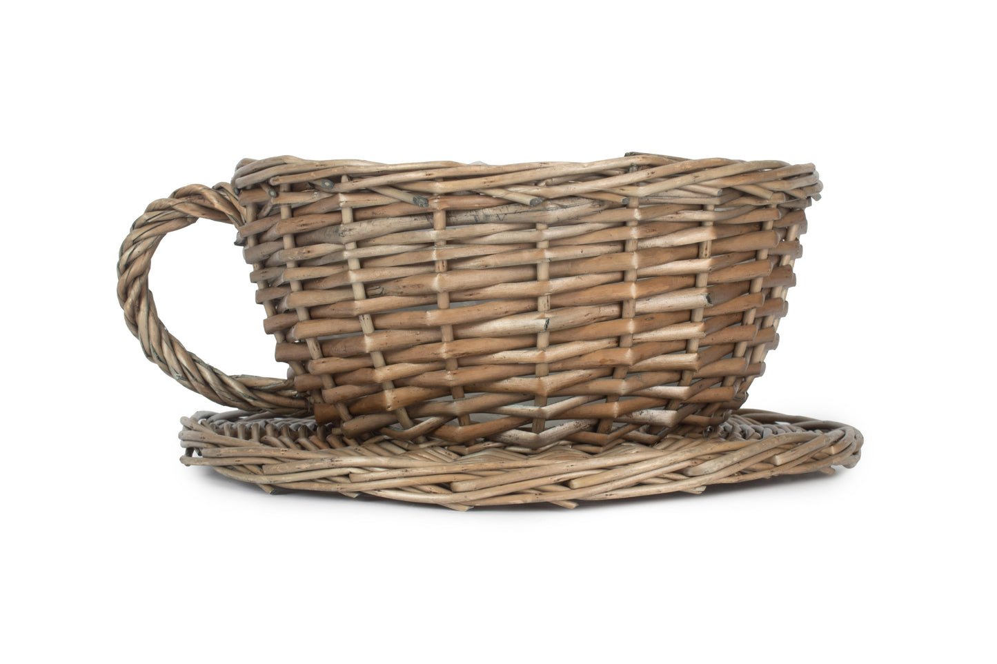 Antique Wash Willow Tea Cup Planter Basket side view showing the oversized tea cup shape, woven handle and attached saucer-style base