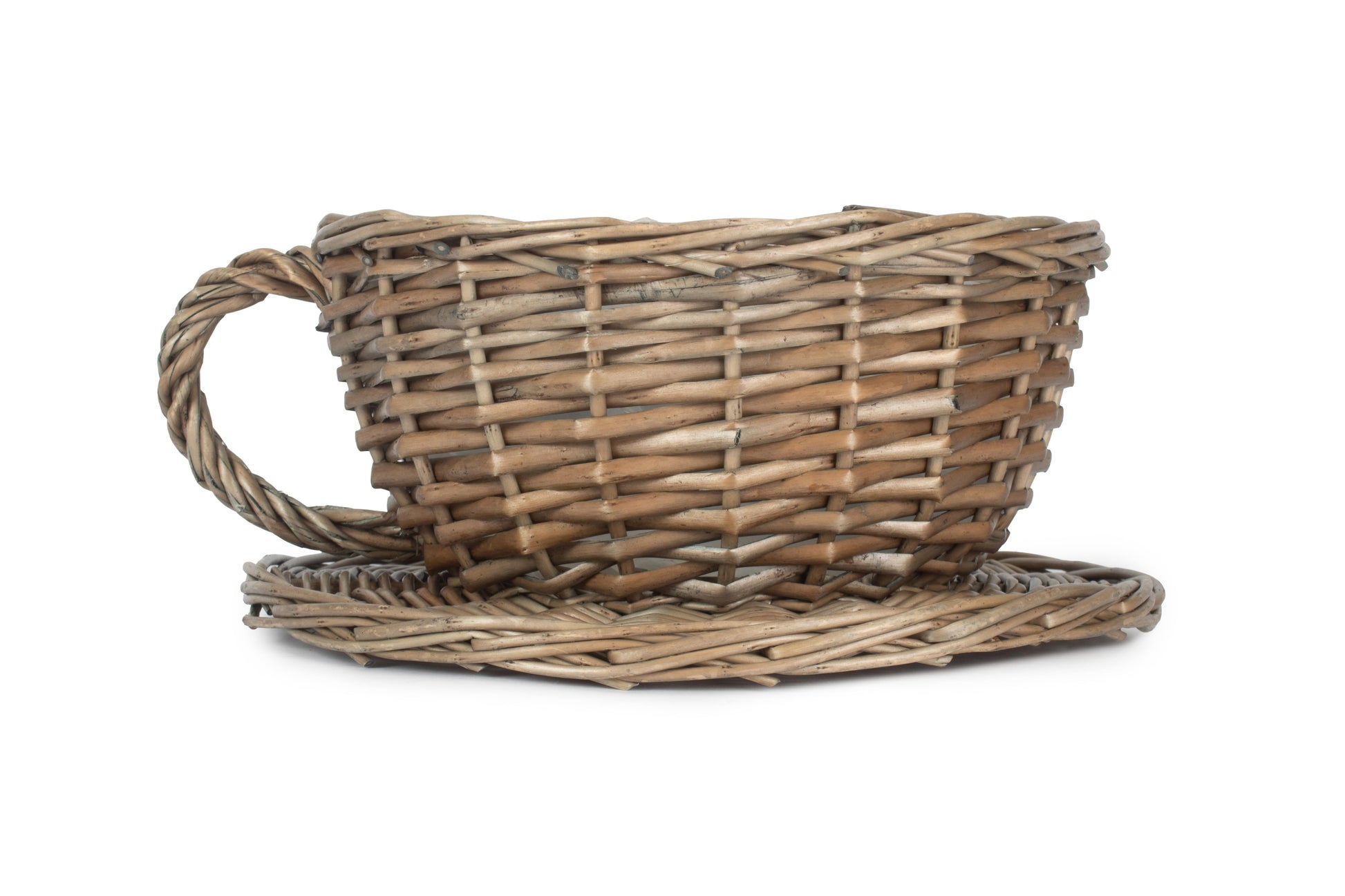 Antique Wash Willow Tea Cup Planter Basket side view showing the oversized tea cup shape, woven handle and attached saucer-style base