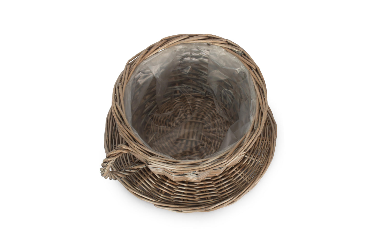Antique Wash Willow Tea Cup Planter Basket viewed from above showing the protective plastic-lined interior and woven saucer base