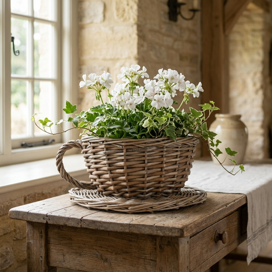 Antique Wash Willow Teacup Planter Basket with white flowers and trailing ivy in a warm country cottage interior.