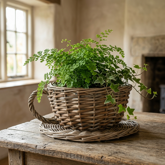 Antique Wash Willow Teacup Planter Basket styled indoors with a green fern and trailing ivy on a rustic wooden table.