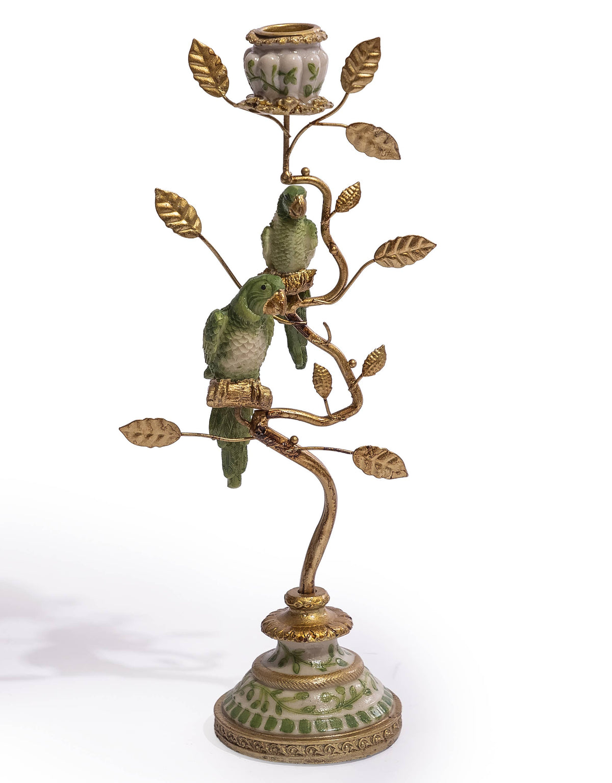 Antiqued green and gold parrot candle holder with two birds perched amongst decorative branches