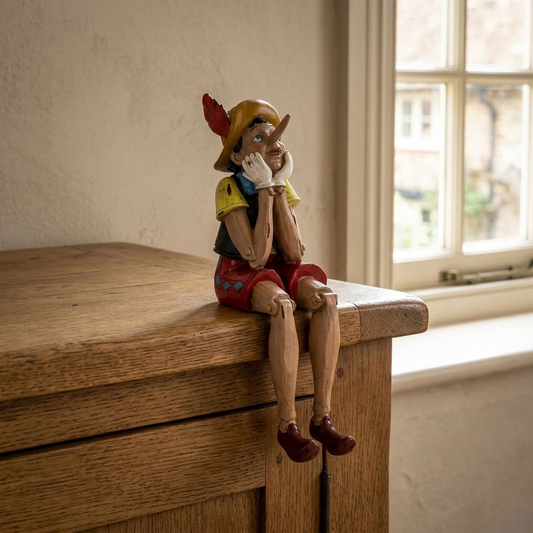 Antiqued sitting Pinocchio figure with dangling legs displayed on the edge of an aged oak cabinet.