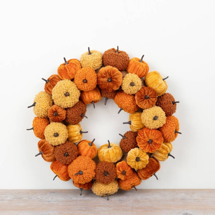 Autumn Pumpkin Wreath 38cm filled with miniature orange, ochre, yellow and brown pumpkins and gourds
