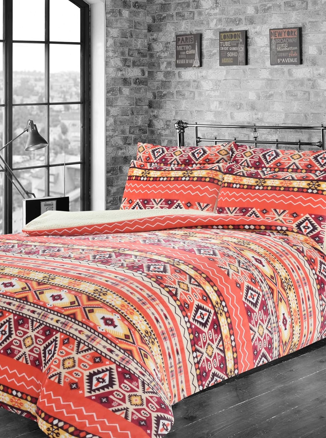 Aztec Print Teddy Fleece Duvet Set with Reversible Sherpa Fur Luxurious Winter Comfort by OLIVIA ROCCO
