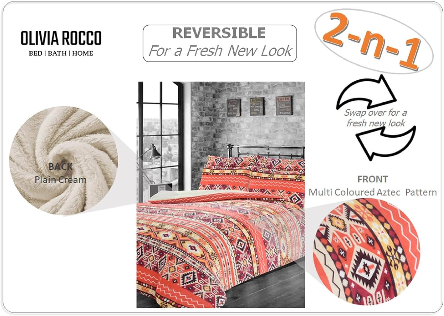 Aztec Print Teddy Fleece Duvet Set with Reversible Sherpa Fur Luxurious Winter Comfort by OLIVIA ROCCO