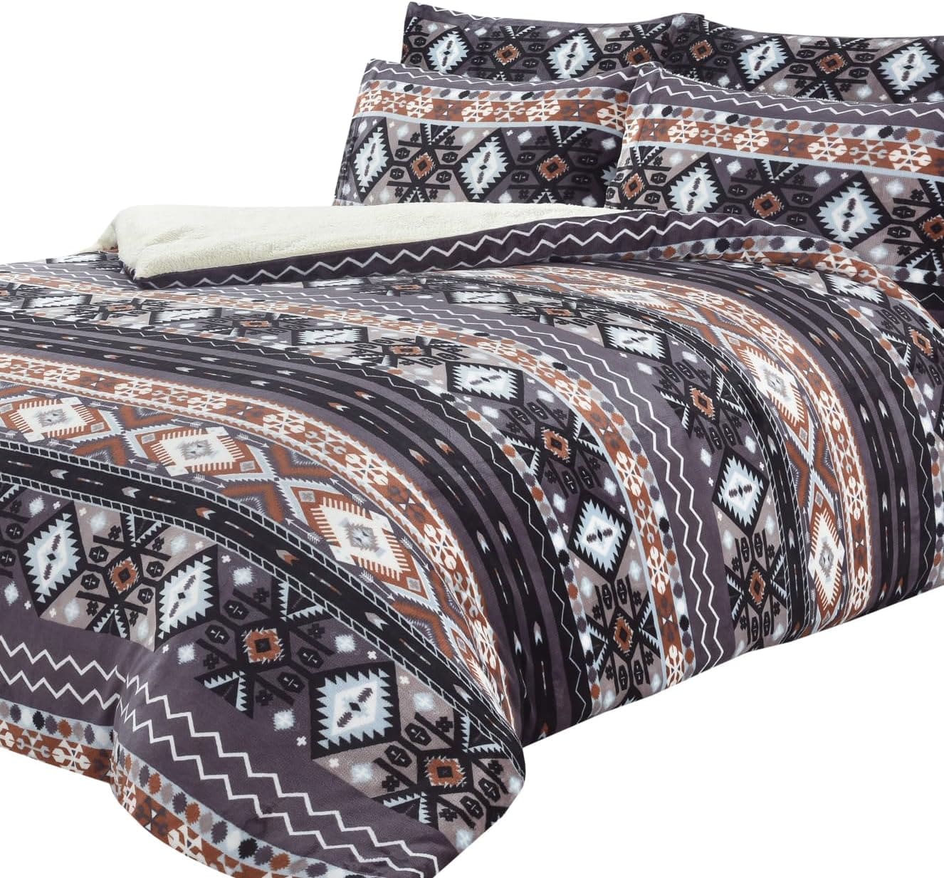 Aztec Print Teddy Fleece Duvet Set with Reversible Sherpa Fur Luxurious Winter Comfort by OLIVIA ROCCO