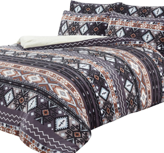 Aztec Print Teddy Fleece Duvet Set with Reversible Sherpa Fur Luxurious Winter Comfort by OLIVIA ROCCO