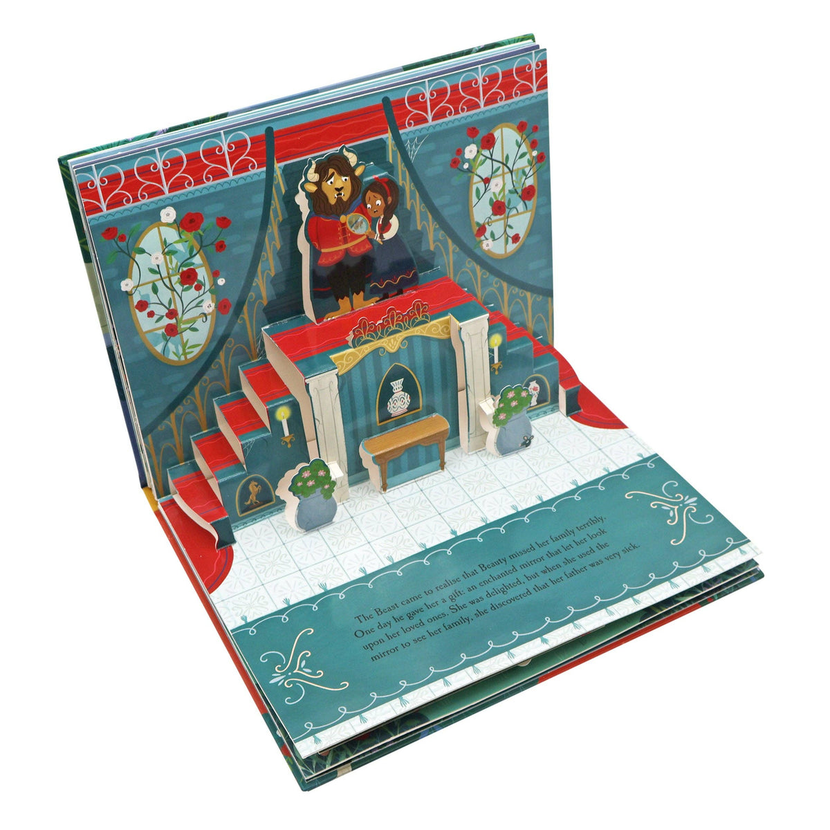 Beauty and the Beast pop-up book opened to reveal a three-dimensional illustrated castle interior