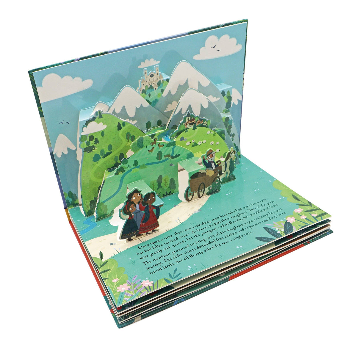 Beauty and the Beast children's pop-up book displaying a colourful three-dimensional outdoor scene