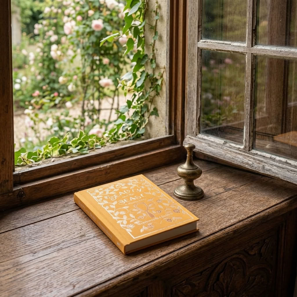 Beauty and the Beast Wordsworth Pocket Fairytales book on an old wooden window seat overlooking a rose garden