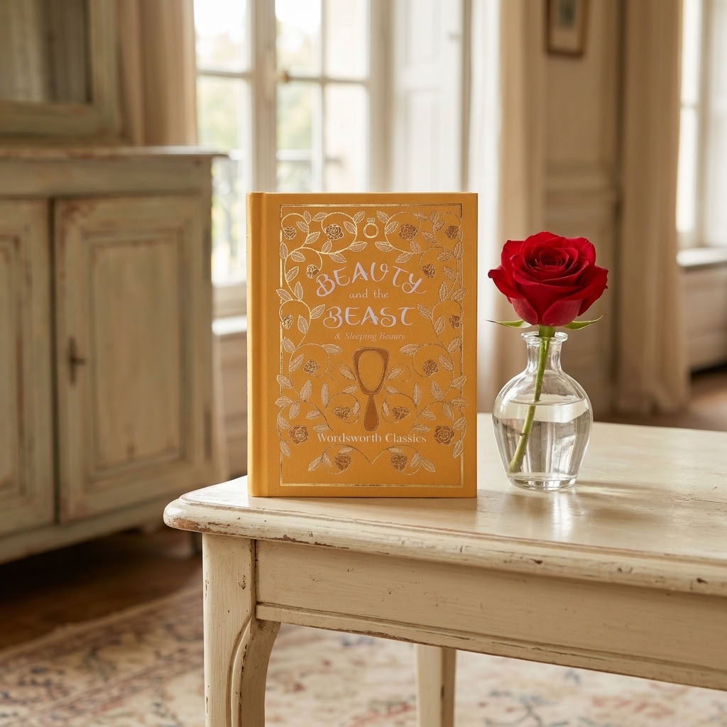 Beauty and the Beast Wordsworth Pocket Fairytales book beside a red rose on an antique cream-painted table
