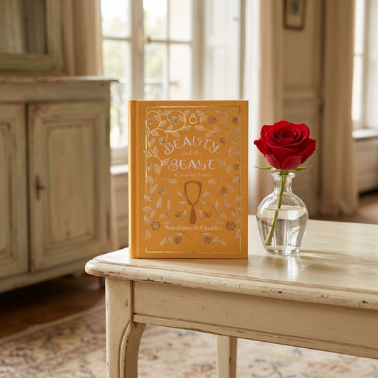 Beauty and the Beast Wordsworth Pocket Fairytales book beside a red rose on an antique cream-painted table