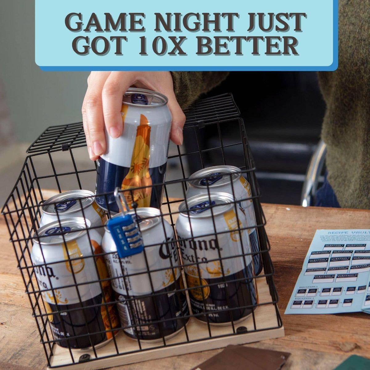 Beer Escape Room Puzzle Game showing six cans secured inside the metal cage ready for a games night challenge
