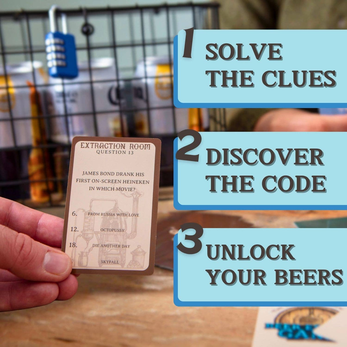 Beer Escape Room Puzzle Game showing the steps to solve the clues, discover the code and unlock the beers
