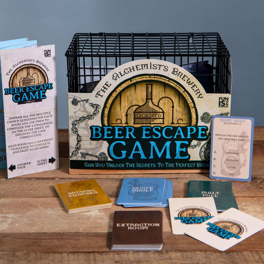 Beer Escape Room Puzzle Game with metal beer cage, challenge cards, score sheet and Alchemist's Brewery game pieces