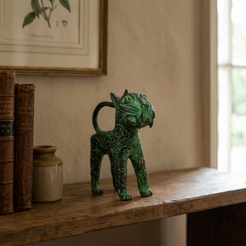 Benin bronze leopard sculpture styled on an aged wooden shelf in a warm country house interior