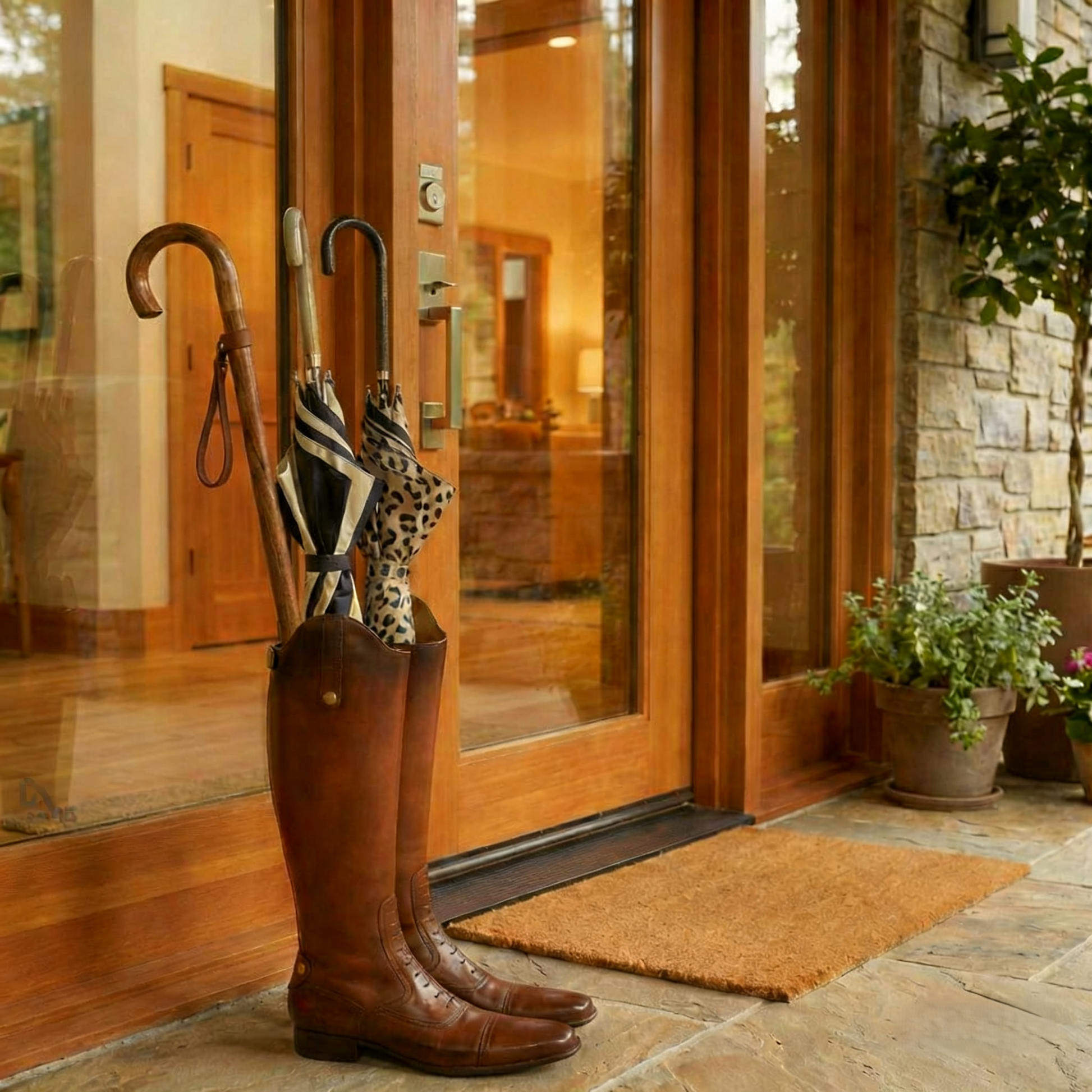 Bentley & Bo boot umbrella stand holding umbrellas beside a country house entrance