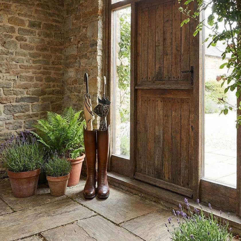 Boot umbrella stand styled beside the doorway in a country hallway
