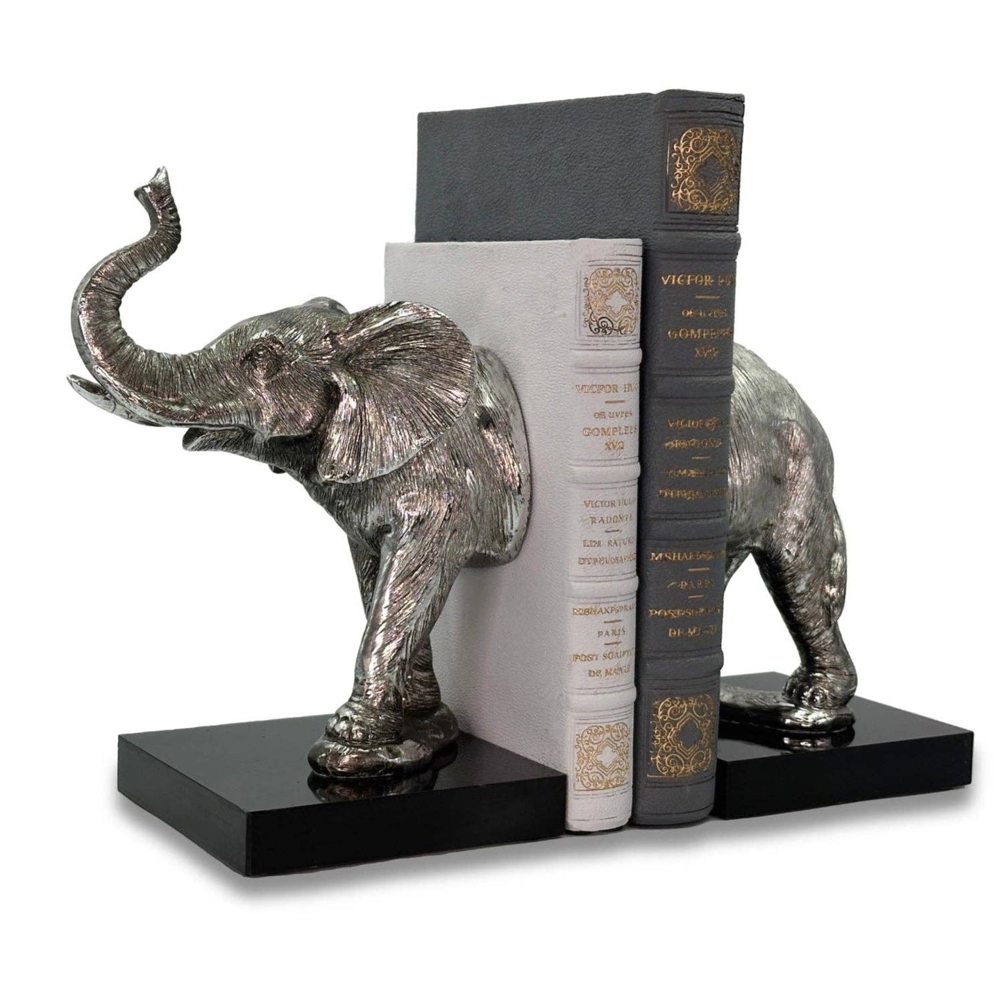 Bentley & Bo elephant bookends with front and back elephant design displayed either side of books