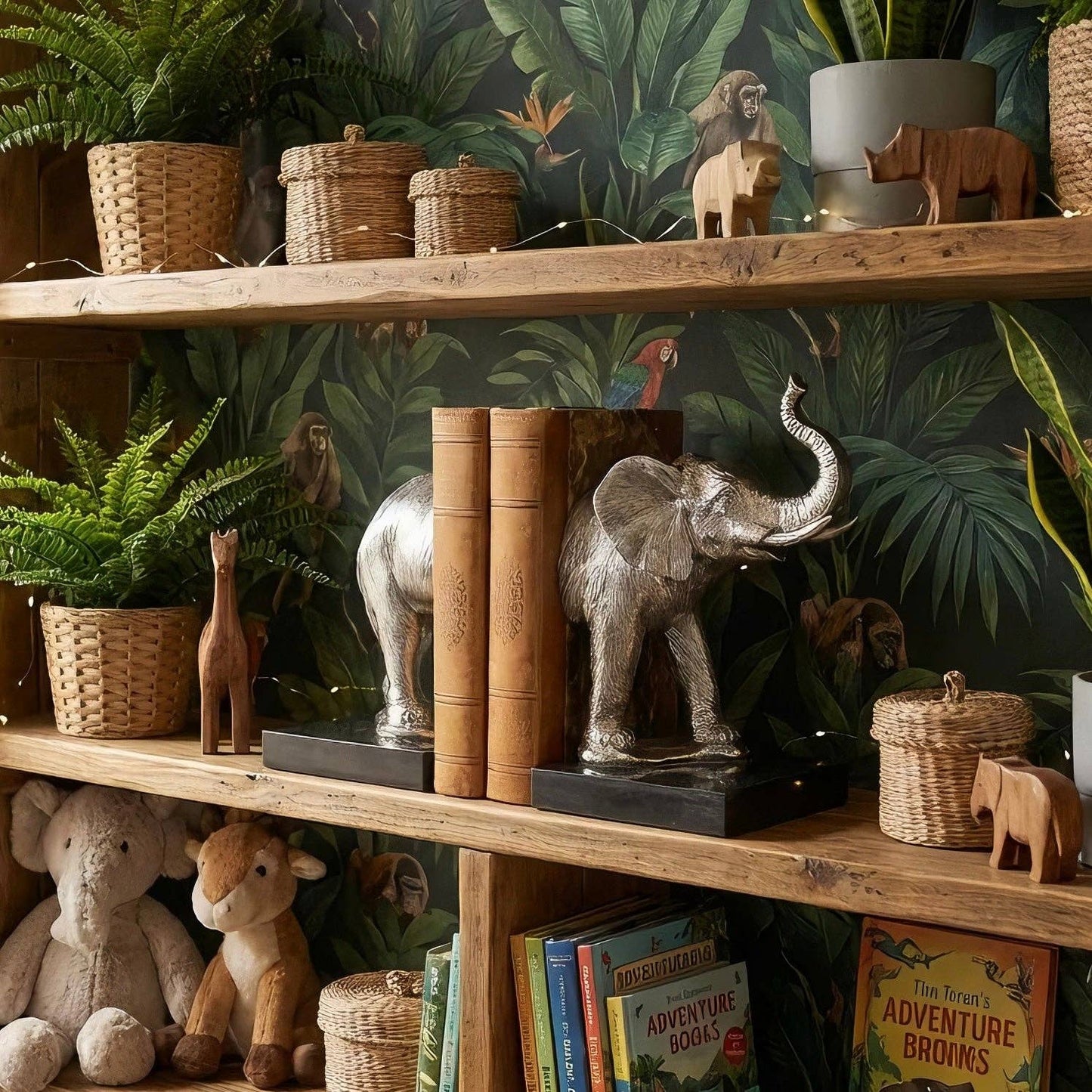 Bentley & Bo elephant bookends styled with books on a wooden shelf