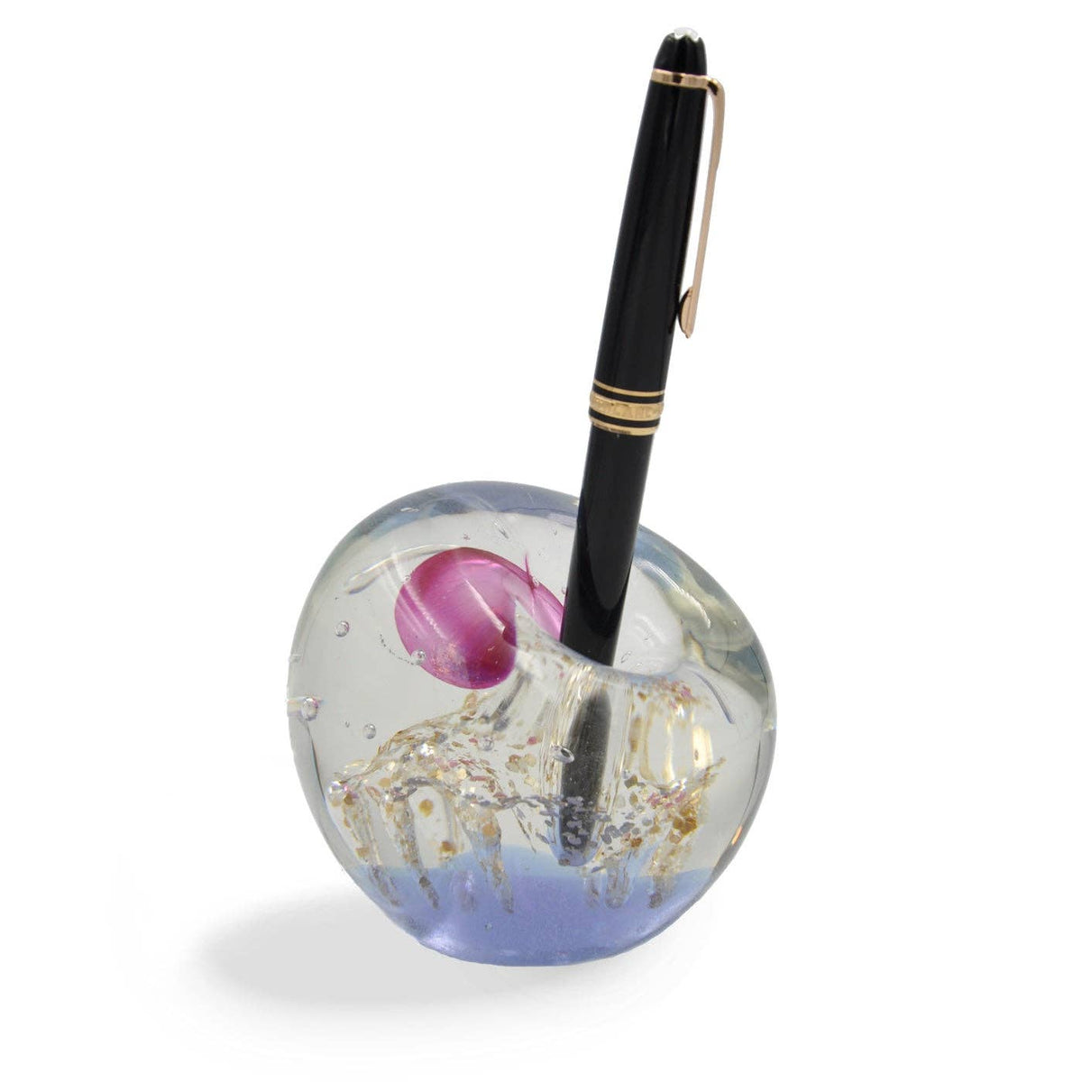 Pen Holder Glass Paperweight in clear hand-blown glass with pink detailing and a pen displayed upright