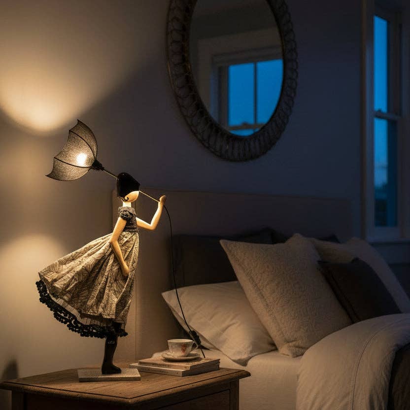 Lyra Lady Lamp illuminated on a bedside table in a softly lit bedroom