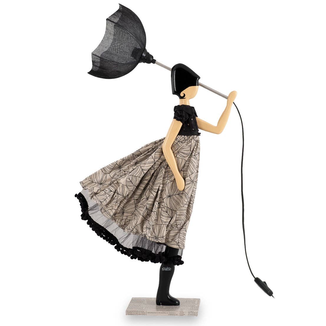 Lyra Lady Lamp with handmade patterned fabric dress and black lampshade