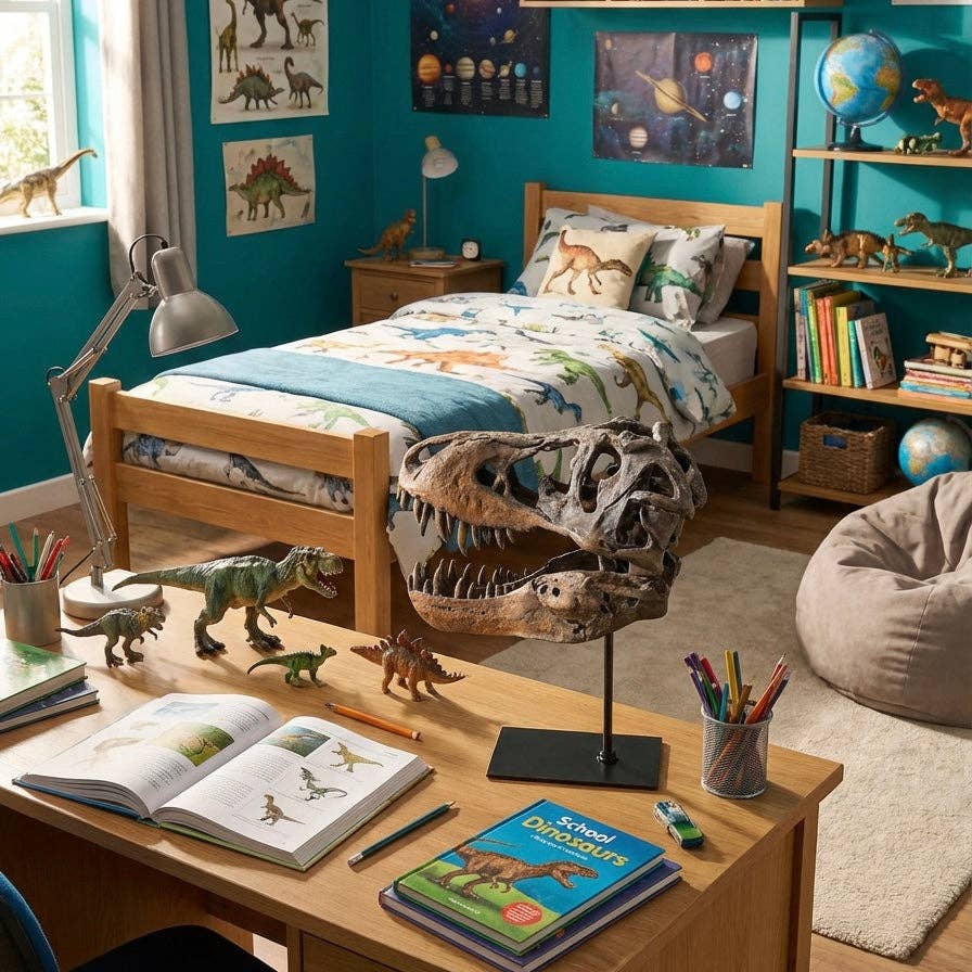 T-Rex skull on stand displayed in a characterful study with books and collected objects