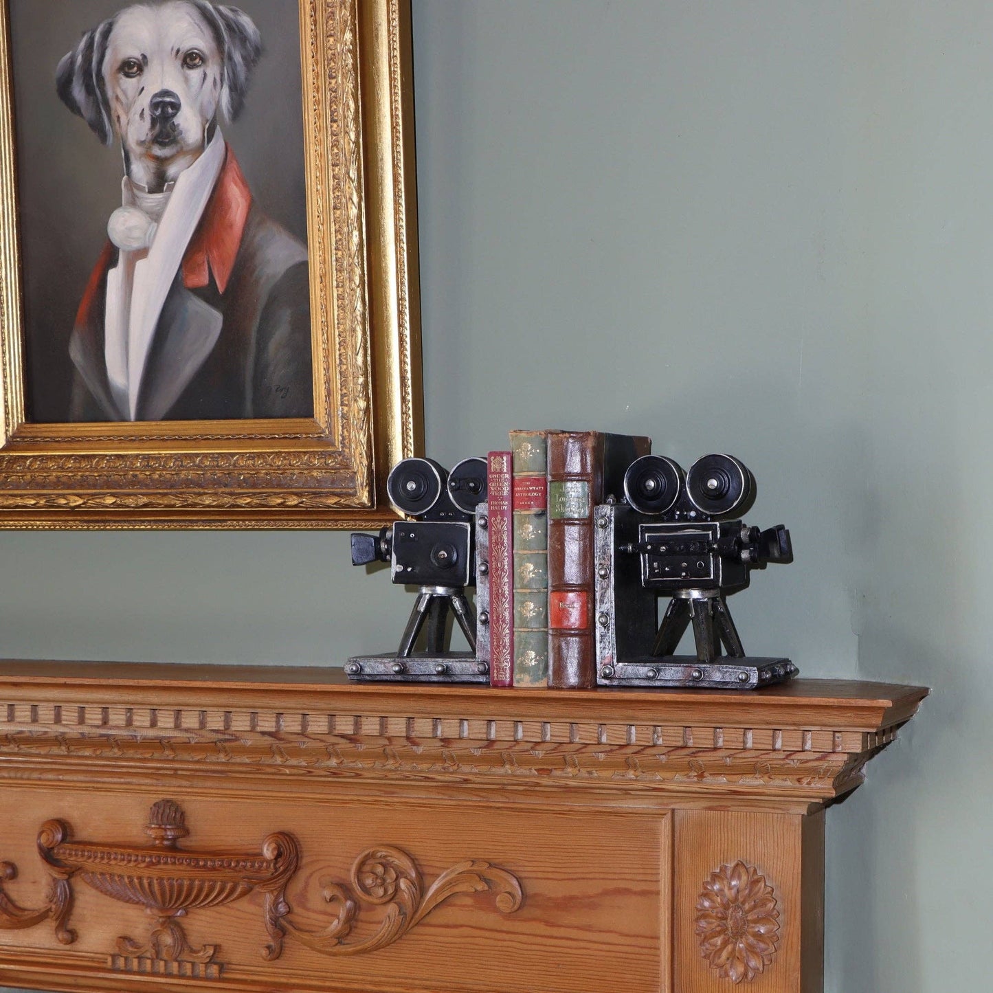 Bentley & Bo vintage film camera bookends displayed with books on a wooden shelf