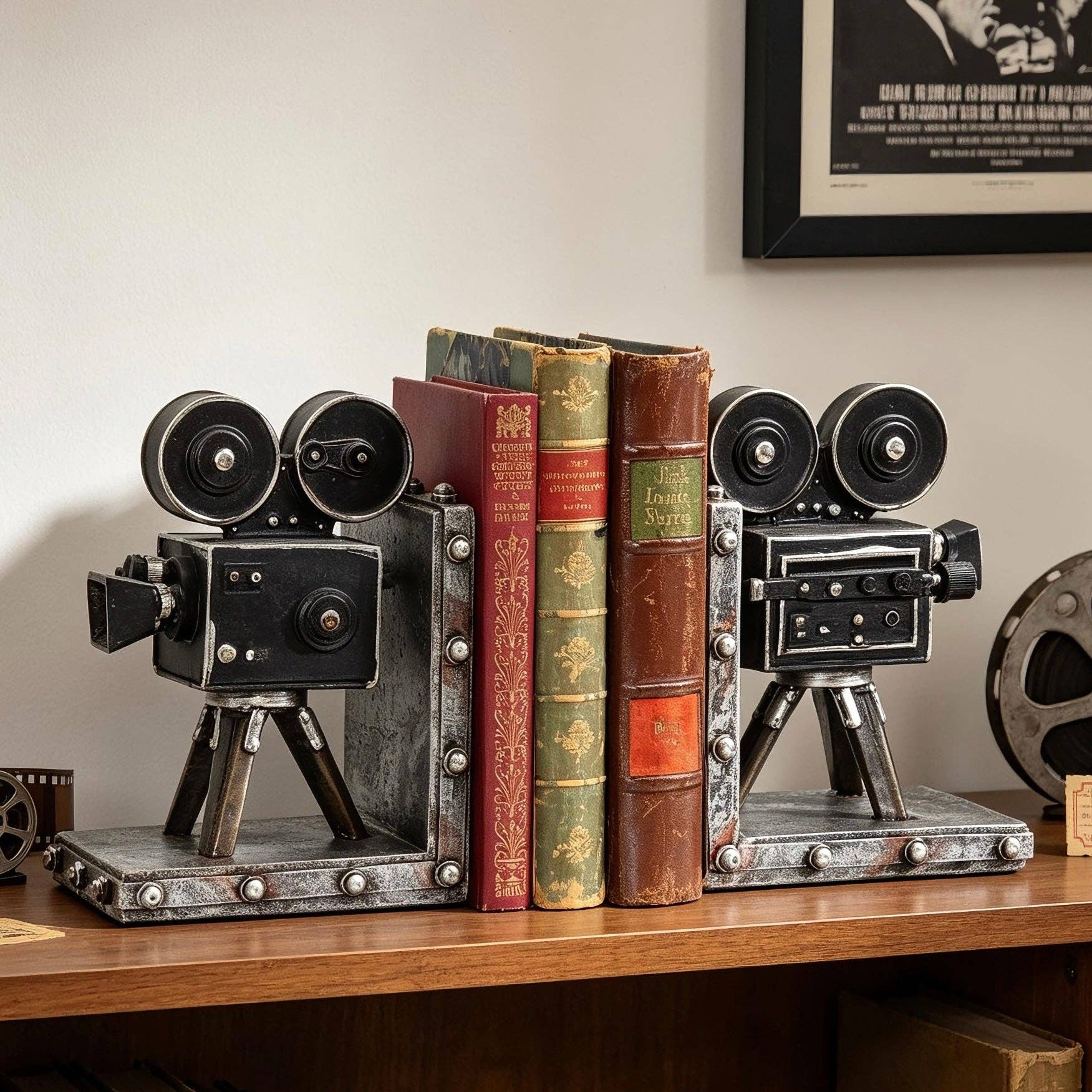 Bentley & Bo vintage film camera bookends displayed with books on a wooden shelf