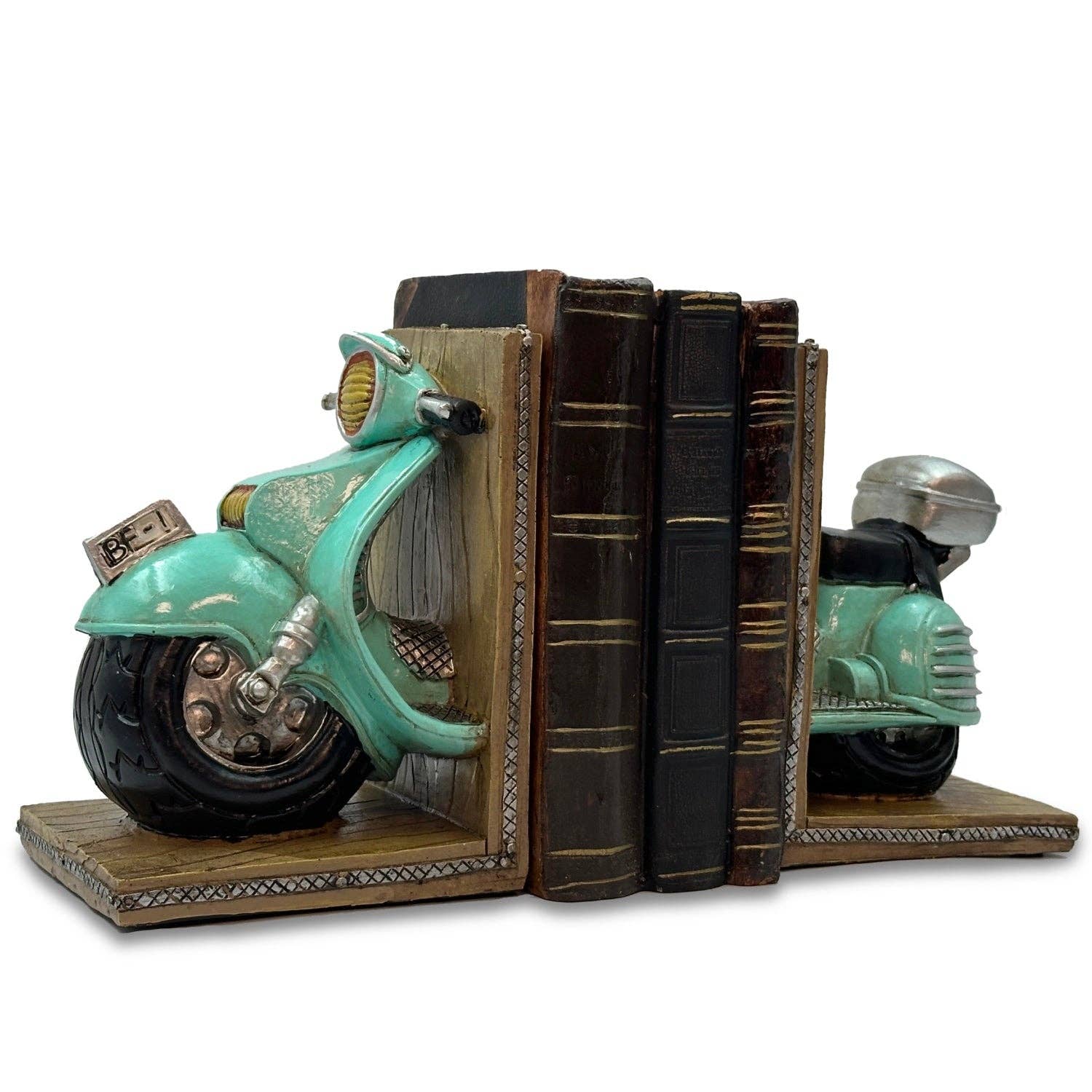Bentley & Bo vintage scooter bookends showing the sculpted green scooter design