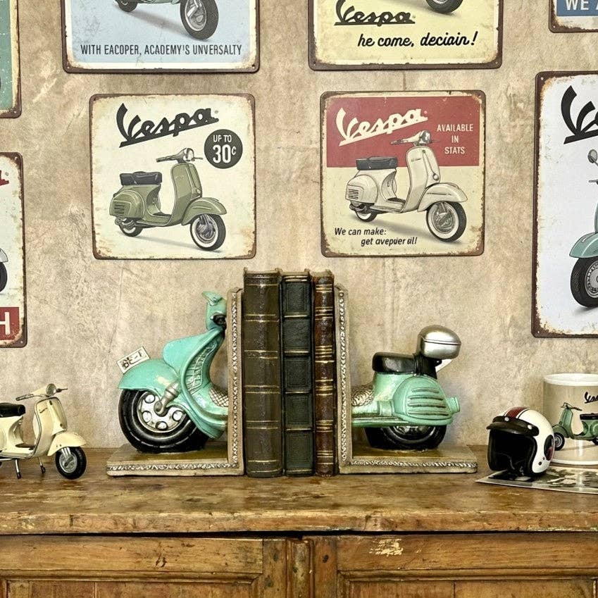 Bentley & Bo vintage scooter bookends displayed with books in a retro-inspired setting
