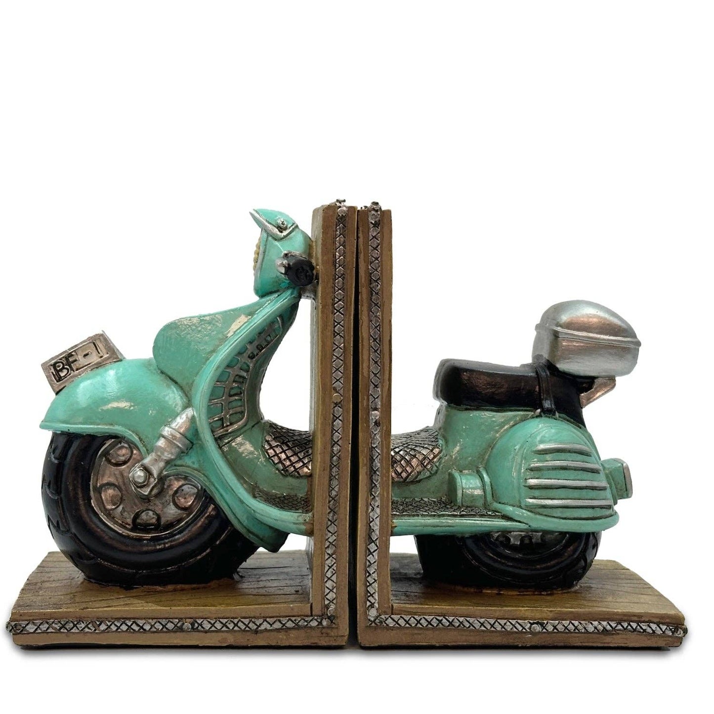 Bentley & Bo vintage green scooter bookends shown from the side