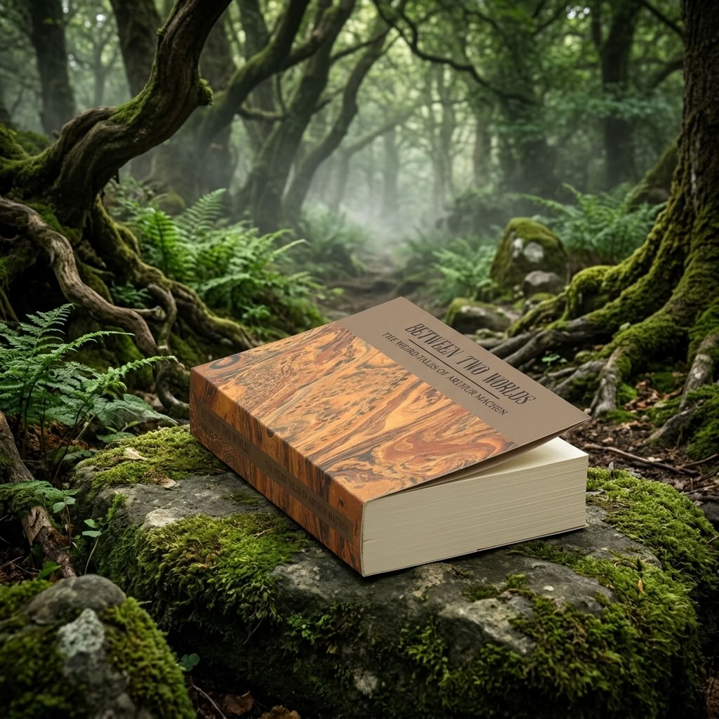 Between Two Worlds by Arthur Machen thick paperback resting on a moss-covered stone in an atmospheric Welsh woodland