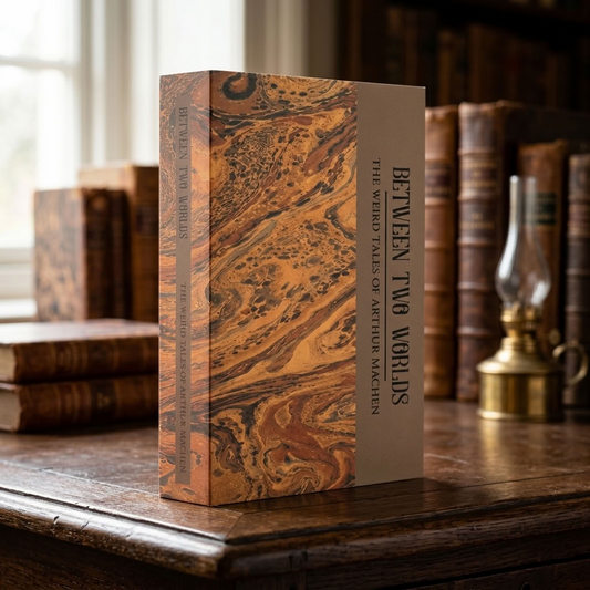 Between Two Worlds by Arthur Machen thick paperback standing on an antique wooden desk in a traditional library