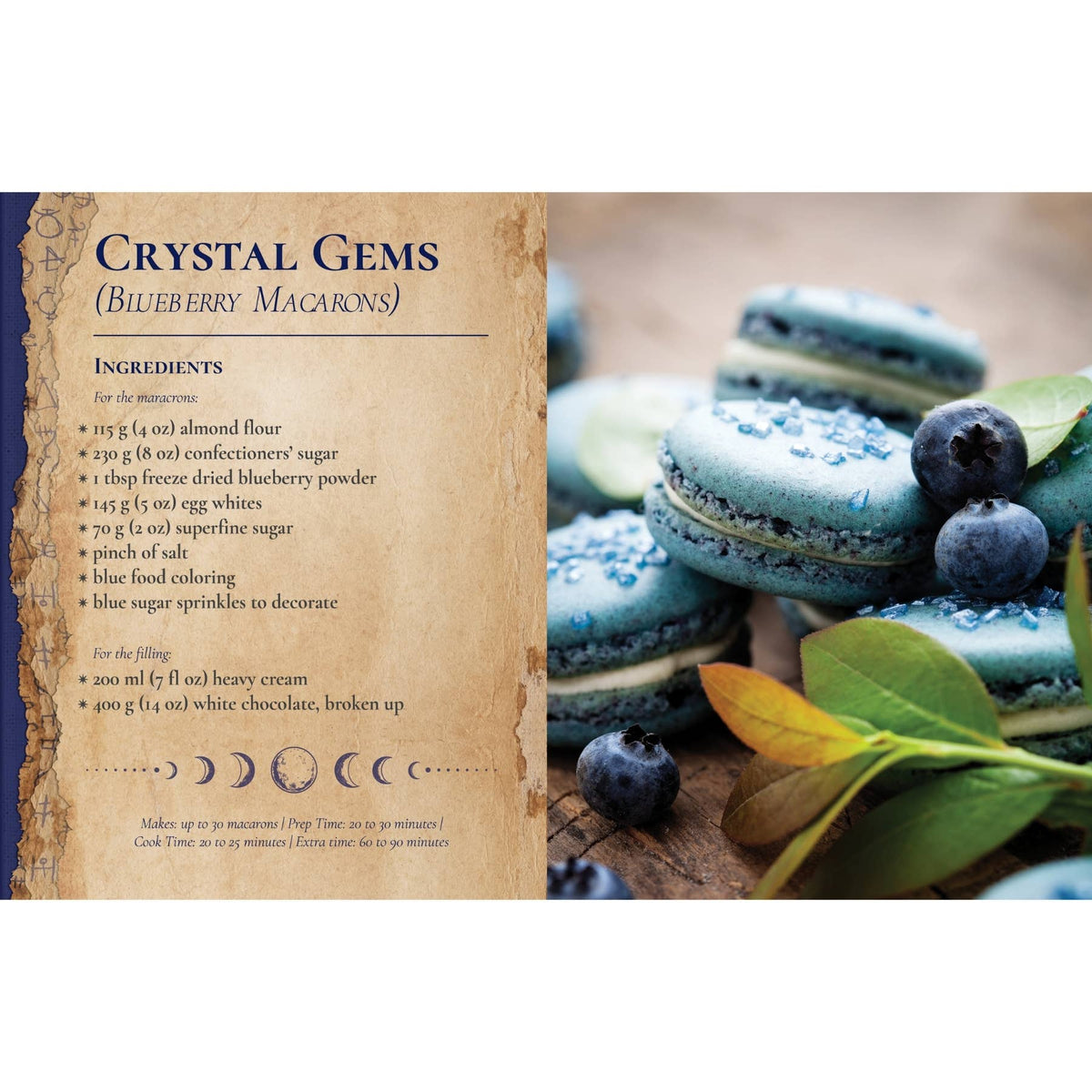 Bewitched Bakes recipe book displaying colourful gothic-inspired sweet treats alongside illustrated recipe instructions.