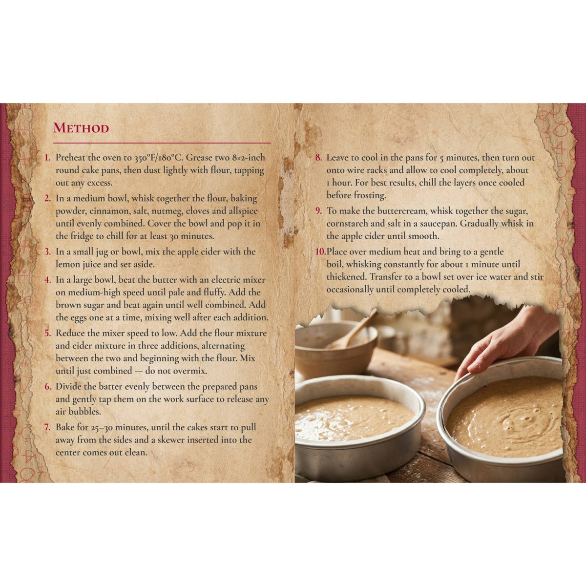Bewitched Bakes hardback book showing an open double-page recipe spread with ingredients, instructions and baking photography.