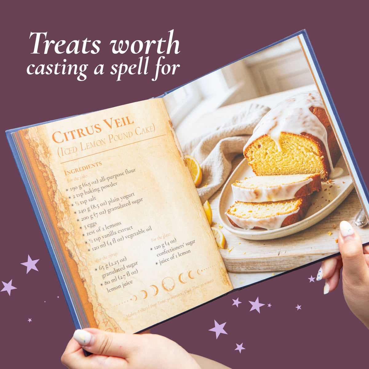 Bewitched Bakes baking book opened to show illustrated recipe pages and photographs of sweet baked treats.