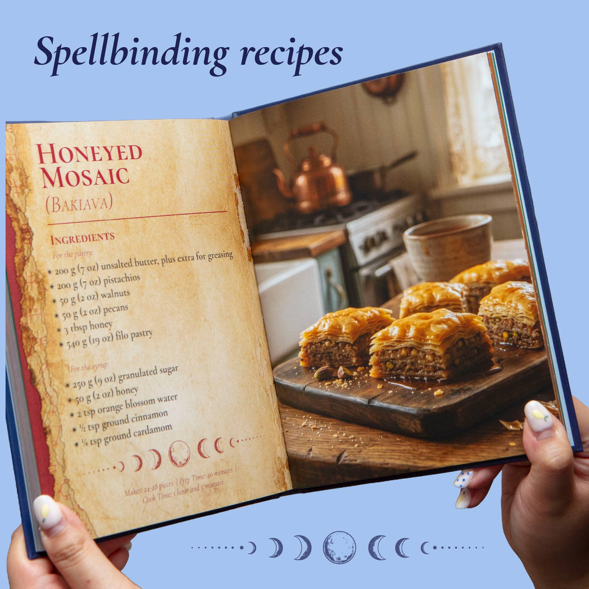 Bewitched Bakes witchy recipe book showing an interior recipe spread with baking instructions and food photography.