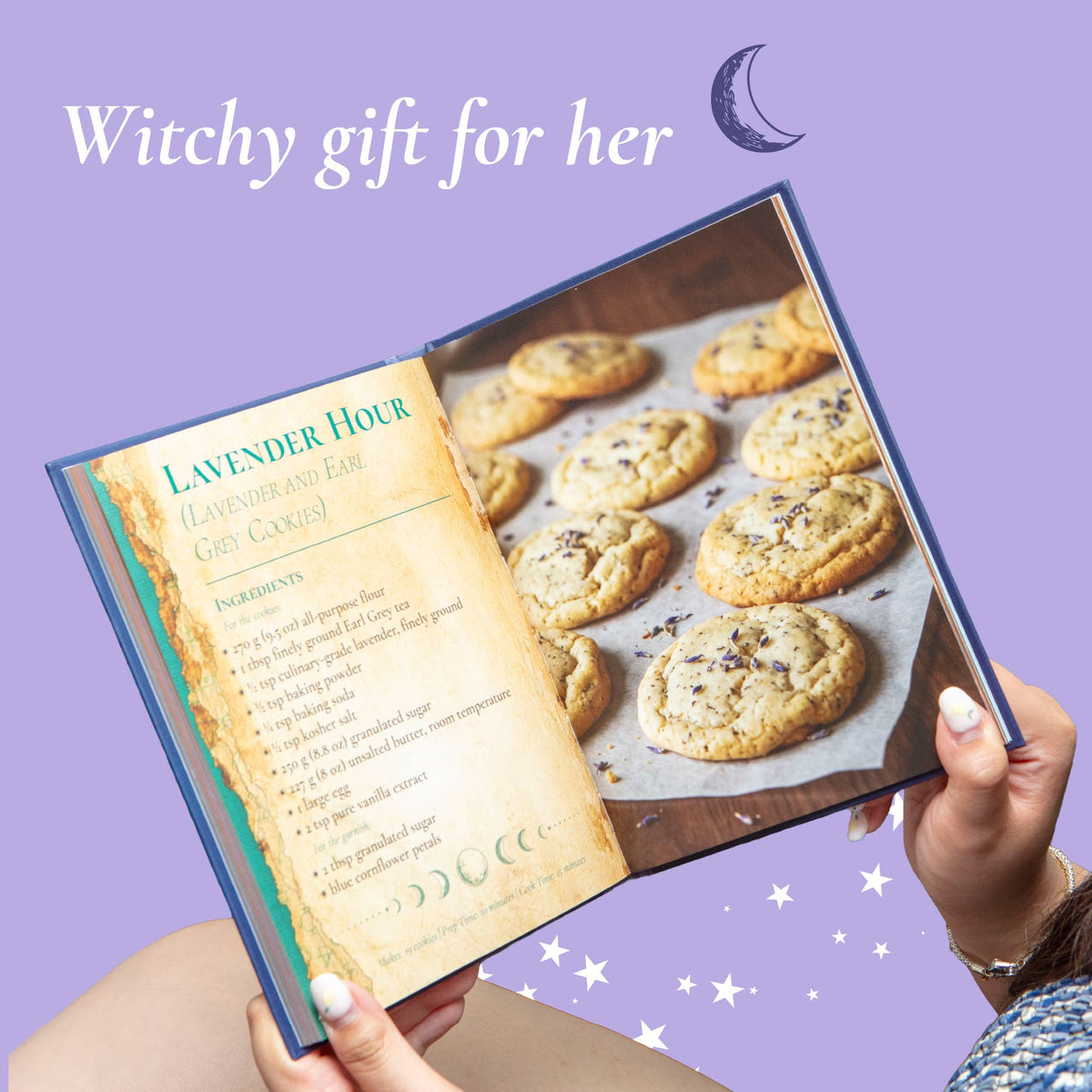 Bewitched Bakes witchy baking book held open to display its illustrated recipes and creative baking ideas.